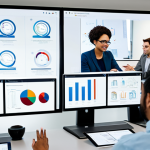 A diverse group of adult students, fully clothed in modest, professional attire, are actively engaged in a dynamic online collaborative session. They are seen through multiple screens in a clean, modern digital workspace, with one screen showing a virtual whiteboard filled with diagrams and notes, and another displaying a document undergoing simultaneous editing. The atmosphere is focused and collaborative, illustrating teamwork without physical presence. safe for work, appropriate content, fully clothed, professional, perfect anatomy, correct proportions, natural pose, well-formed hands, proper finger count, natural body proportions, professional photography, high quality.