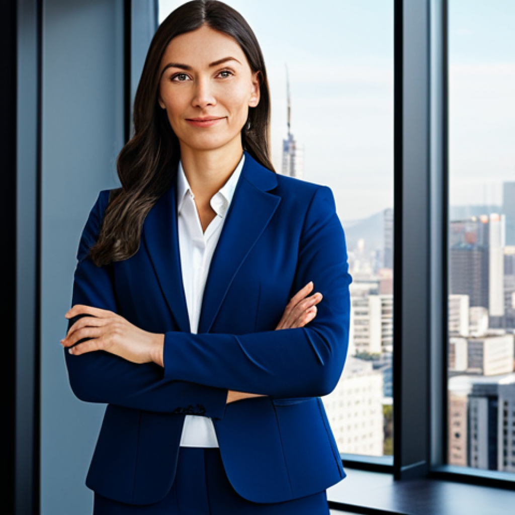 **
"A professional businesswoman, fully clothed in a modest, dark blue power suit, standing confidently in a bright, modern office. Background includes a large window with a cityscape view. Safe for work, appropriate content, professional, perfect anatomy, natural pose, well-formed hands, proper finger count, high resolution, realistic."
**