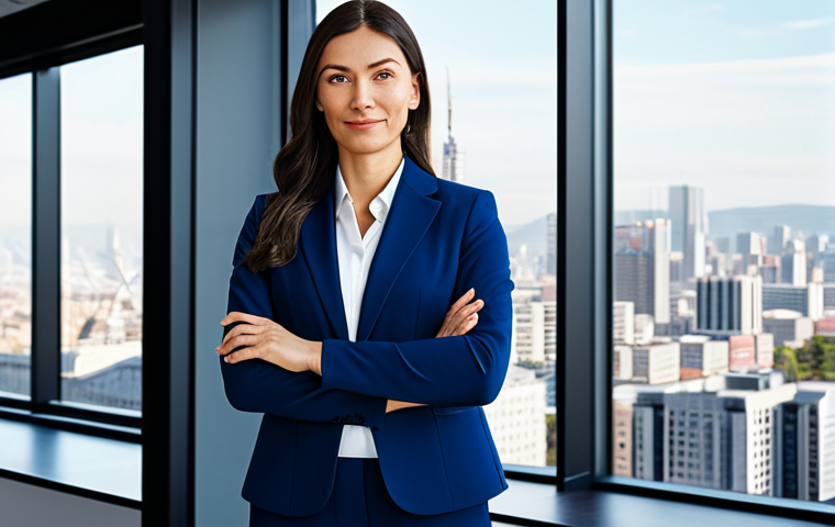 **
"A professional businesswoman, fully clothed in a modest, dark blue power suit, standing confidently in a bright, modern office. Background includes a large window with a cityscape view. Safe for work, appropriate content, professional, perfect anatomy, natural pose, well-formed hands, proper finger count, high resolution, realistic."
**