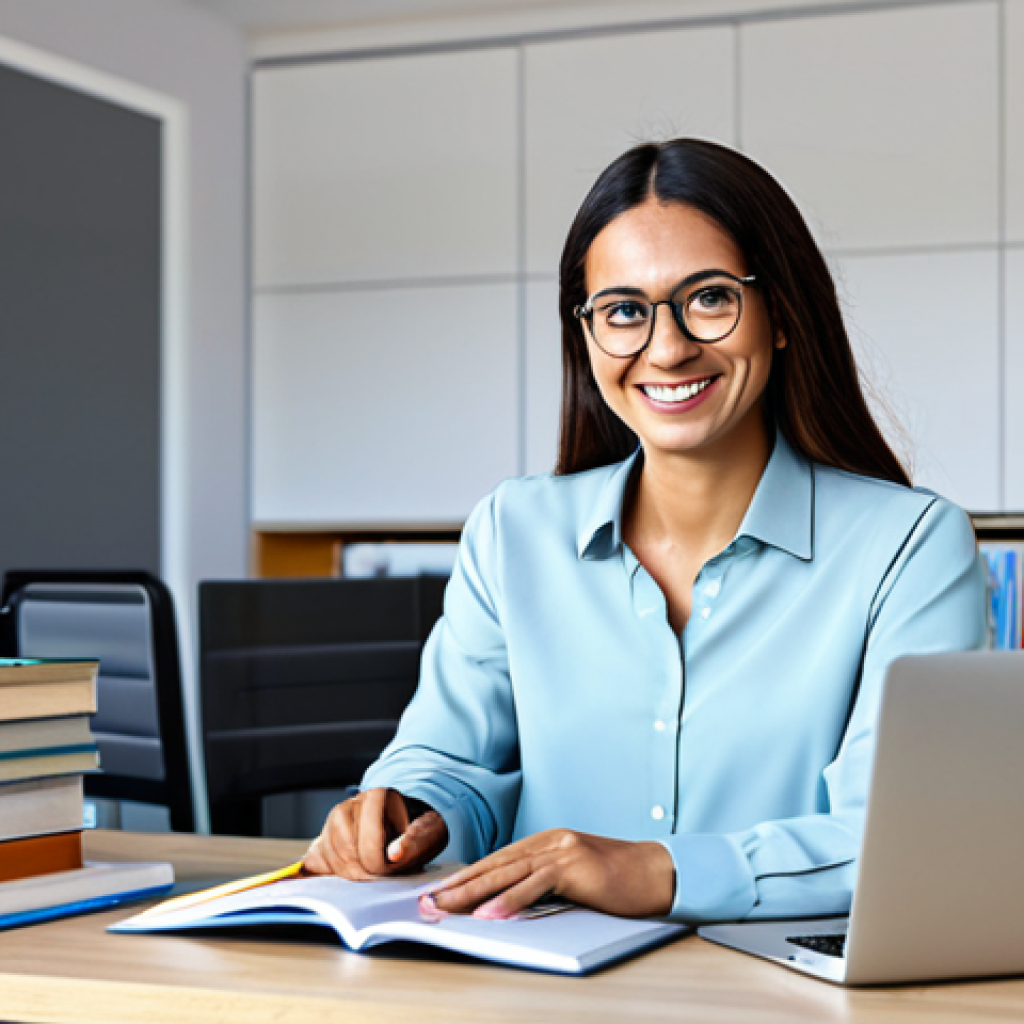 ** A teacher in a brightly lit, modern home office, wearing a smart-casual outfit (e.g., blouse and slacks), smiles while managing Google Classroom on a laptop. Several textbooks and a cup of coffee are on the desk. The scene conveys organization and ease. "Safe for work, appropriate content, fully clothed, professional setting, perfect anatomy, natural pose, high quality."
**