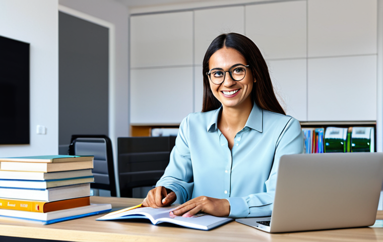 ** A teacher in a brightly lit, modern home office, wearing a smart-casual outfit (e.g., blouse and slacks), smiles while managing Google Classroom on a laptop. Several textbooks and a cup of coffee are on the desk. The scene conveys organization and ease. "Safe for work, appropriate content, fully clothed, professional setting, perfect anatomy, natural pose, high quality."

**