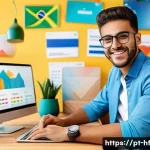 Home 22 효과적인 온라인 커뮤니케이션 기법 - A vibrant digital marketing workspace featuring a young Brazilian entrepreneur in casual business at...
