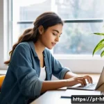 Home 21 학생의 자율성을 높이는 온라인 교육 방법 - A modern digital study setup featuring a young adult female student in casual, modest clothing sitti...