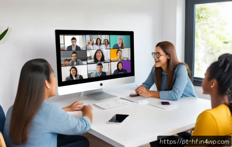 비대면 수업에서의 교수 학생 소통 방법 - A vibrant virtual classroom scene showing a diverse group of enthusiastic adult students engaged in ...