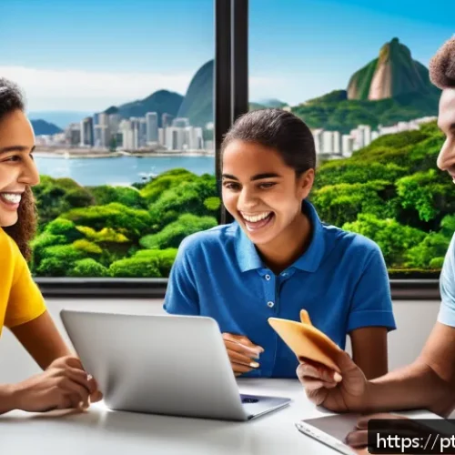Home 17 효과적인 온라인 교육을 위한 협업 기법 - A diverse group of Brazilian students, wearing casual clothing and interacting actively in a bright ...