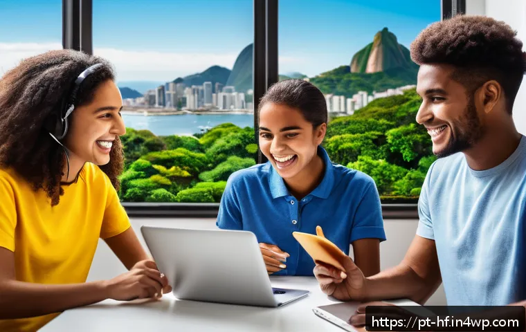 효과적인 온라인 교육을 위한 협업 기법 - A diverse group of Brazilian students, wearing casual clothing and interacting actively in a bright ...